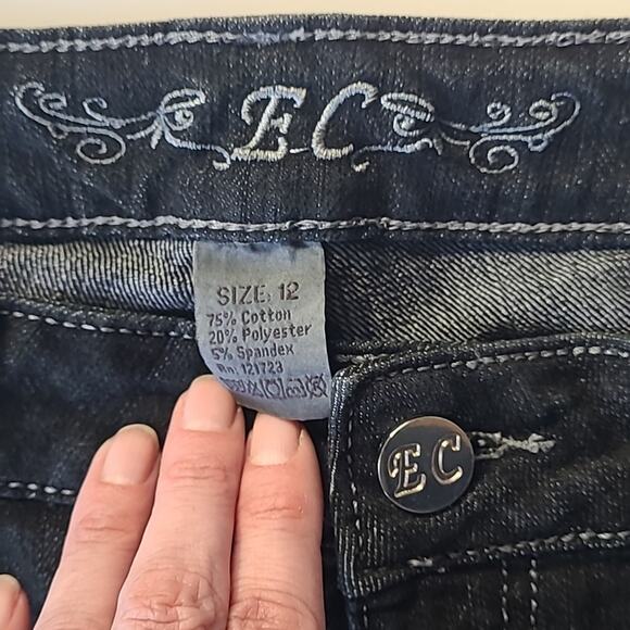 EC Embellished Dark Bling Embroidered Jeans 12 Dark Wash / Black - Picture 3 of 7